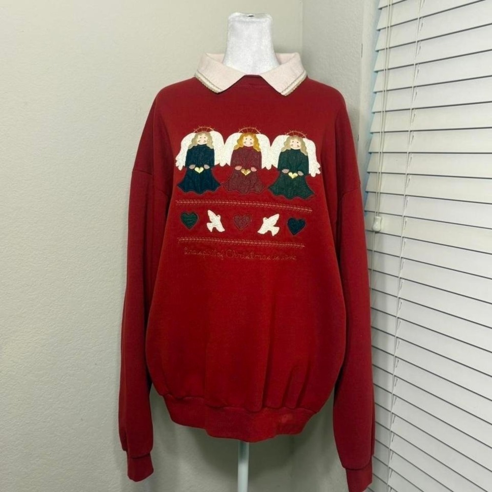 Valories Folk Art Applique XL 80s red collared angel sweater